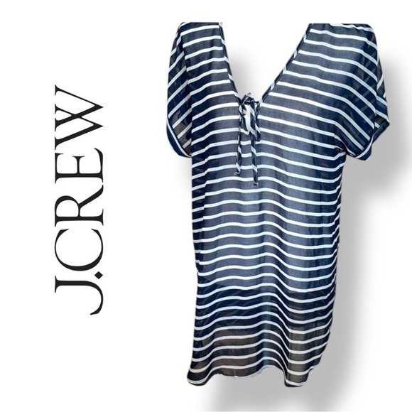 J. Crew Tops - J. Crew Blue & White Stripe Tunic Blouse Sheer Voile Cap Sleeve Self Tie Sz XS